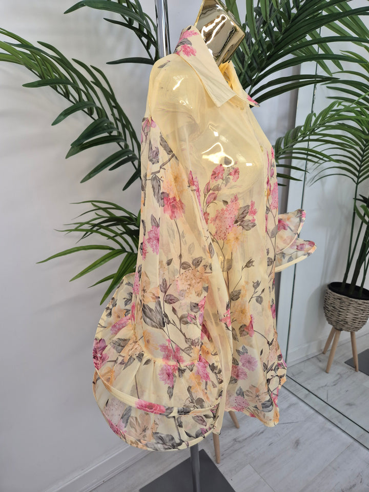Alba Floral Chiffon Double Fluted Sleeve Blouse - (choose your Colour) - (Oversized)