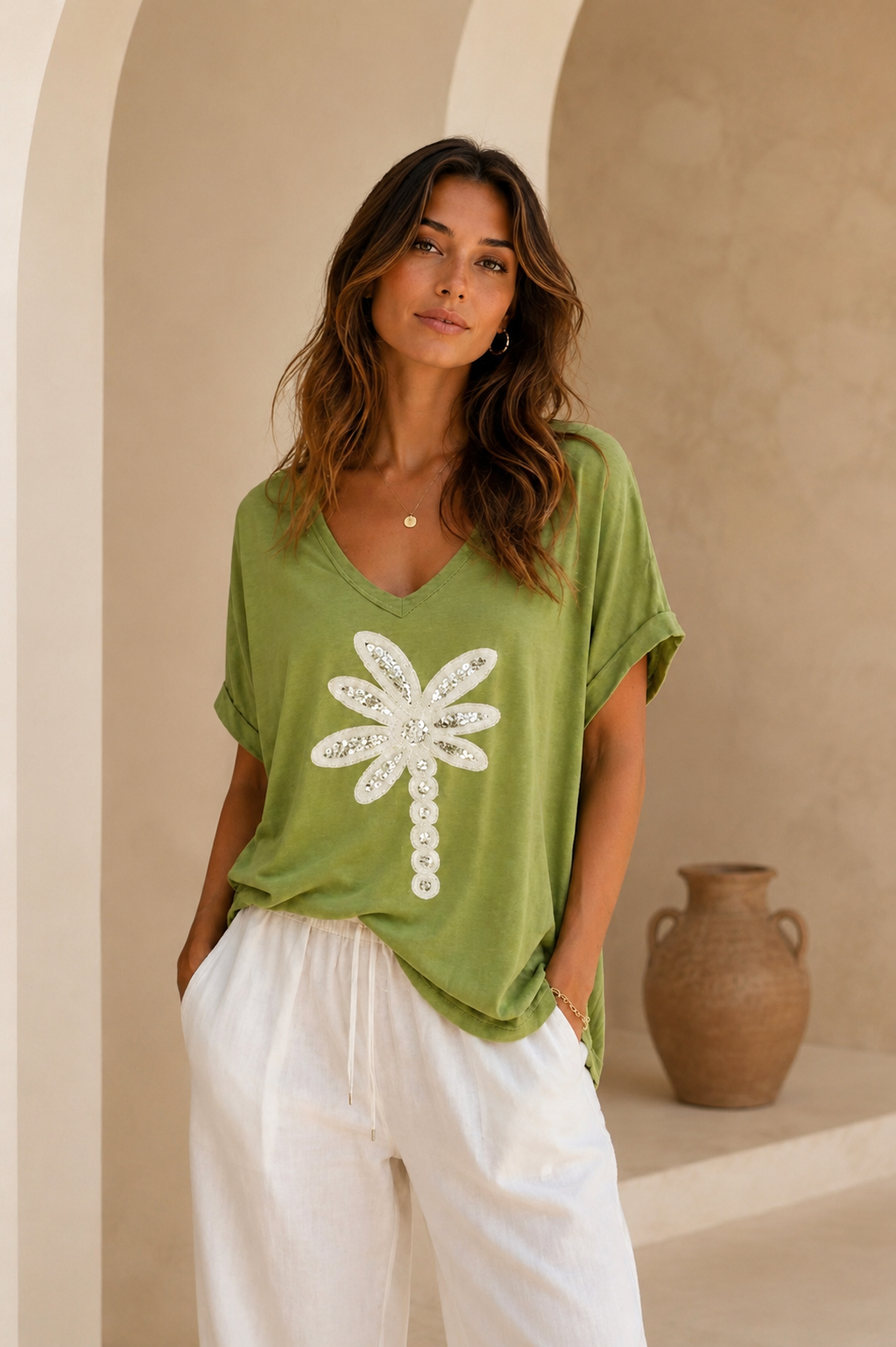 Palm Sparkly Oversized Top - (One Size/Curvy Size, fits from Size 14 up to Size 18/20) - Lime