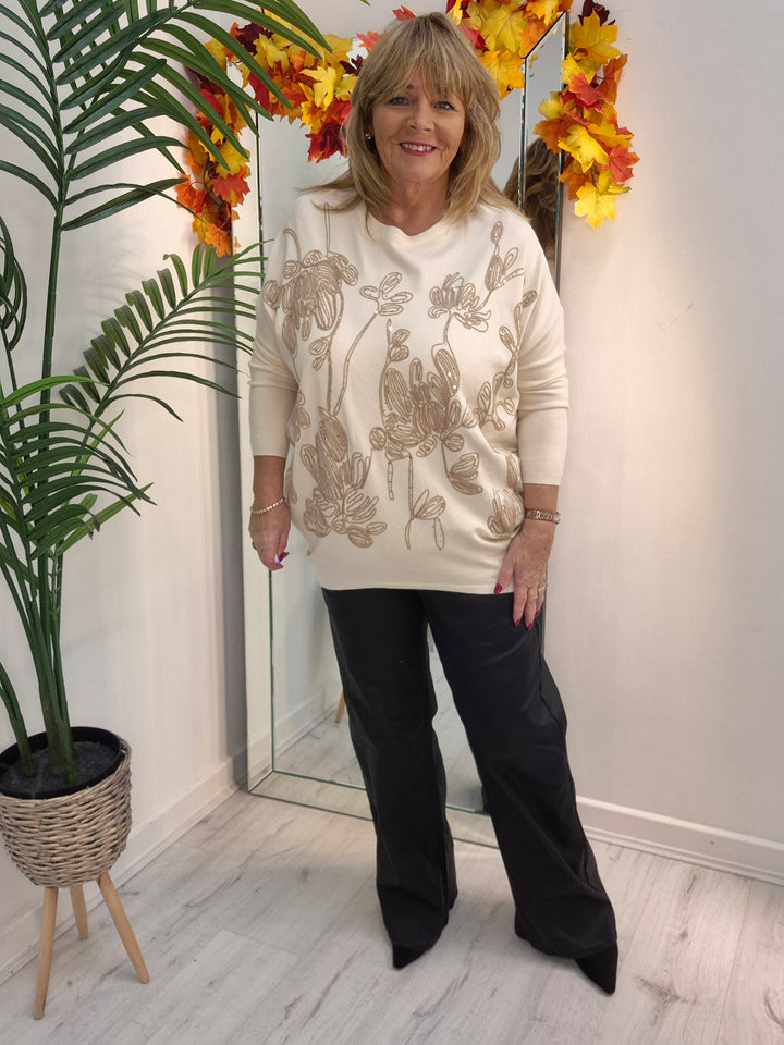 Eva Embroidered Sparkle Jumper - Cream (fitting from Size 14 up to Size 18/20)