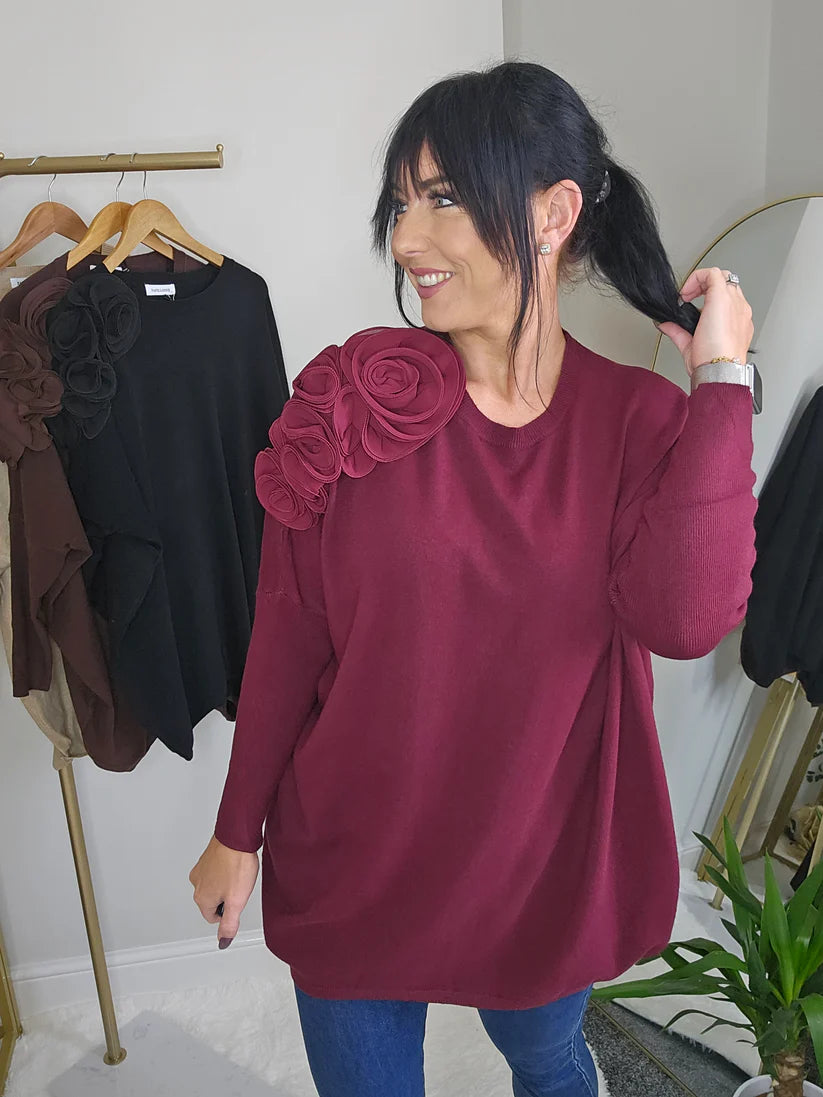 Corsage Oversized Jumper - Wine (fitting from Size 14 up to Size 20)