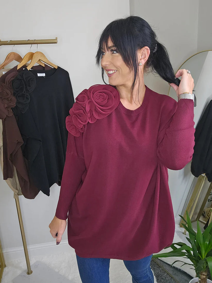 Corsage Oversized Jumper - Wine (fitting from Size 14 up to Size 20)