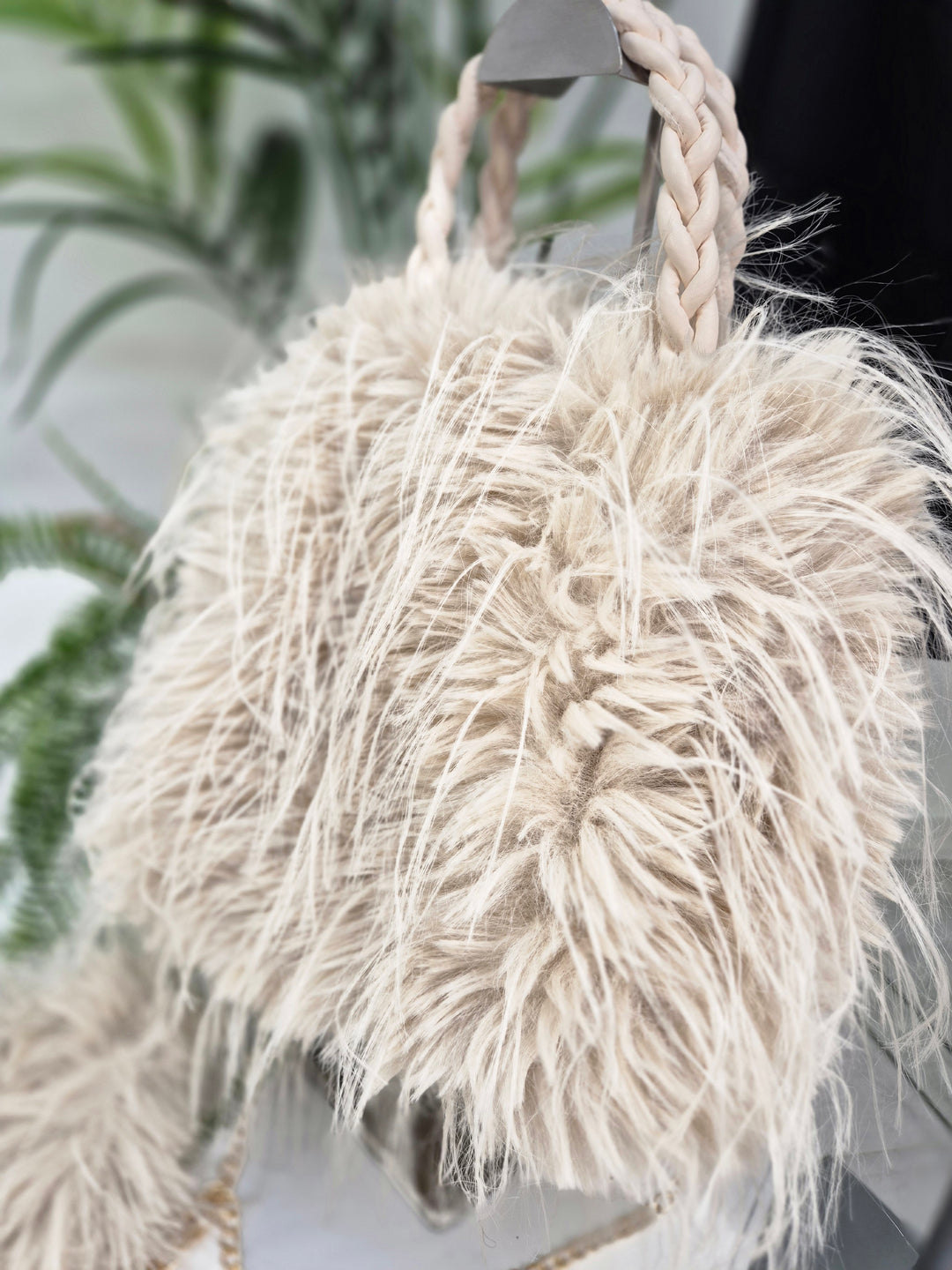 Oslo Faux Fur Shaggy Bag with Dual Handles & Chain Strap - Cream
