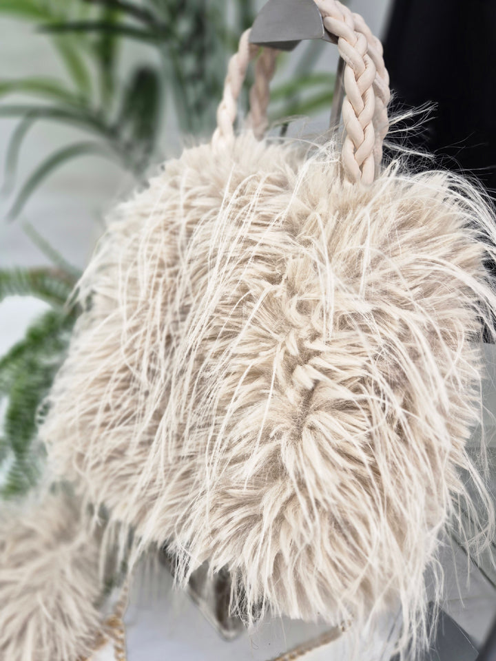 Oslo Faux Fur Shaggy Bag with Dual Handles & Chain Strap - Cream