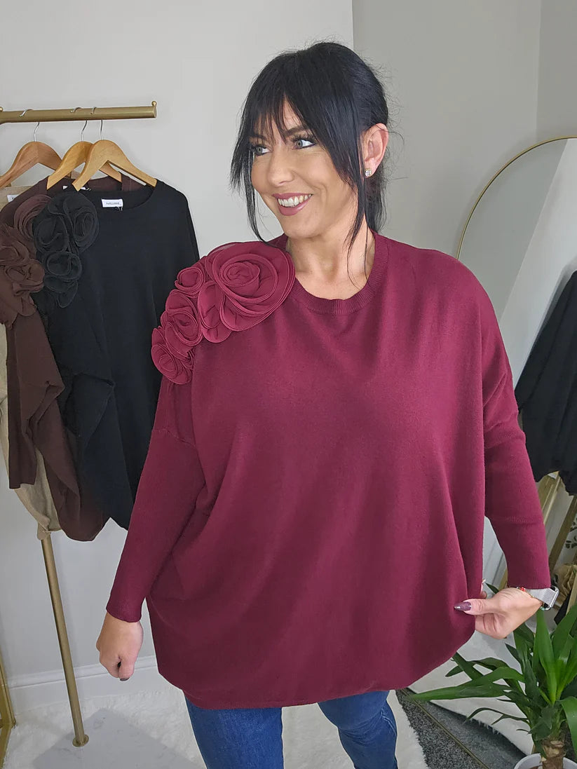 Corsage Oversized Jumper - Wine (fitting from Size 14 up to Size 20)