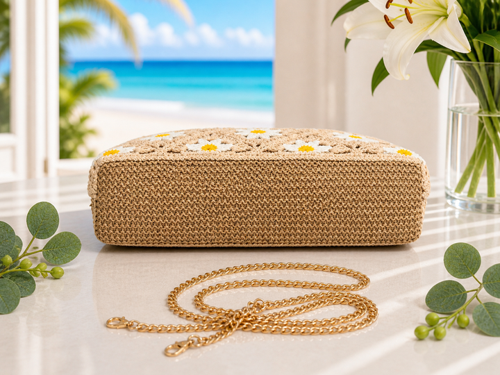 Daisy Crochet Bag (Clutch or Crossbody) with Gold Chain - Natural