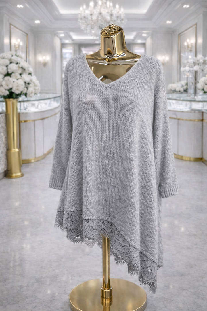 Lani Lace Asymmetric Jumper - Silver Grey (Curvy fitting from Size 14/16 up to Size 20)