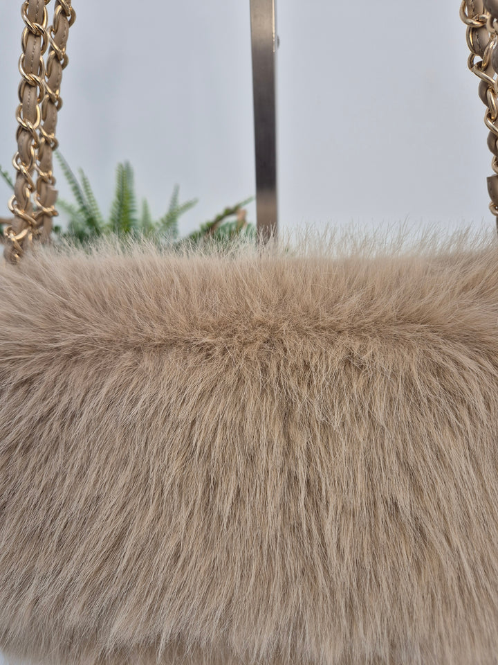 Oslo Faux Fur Bag with Gold Chain Link Dual Handles - Creamy Beige