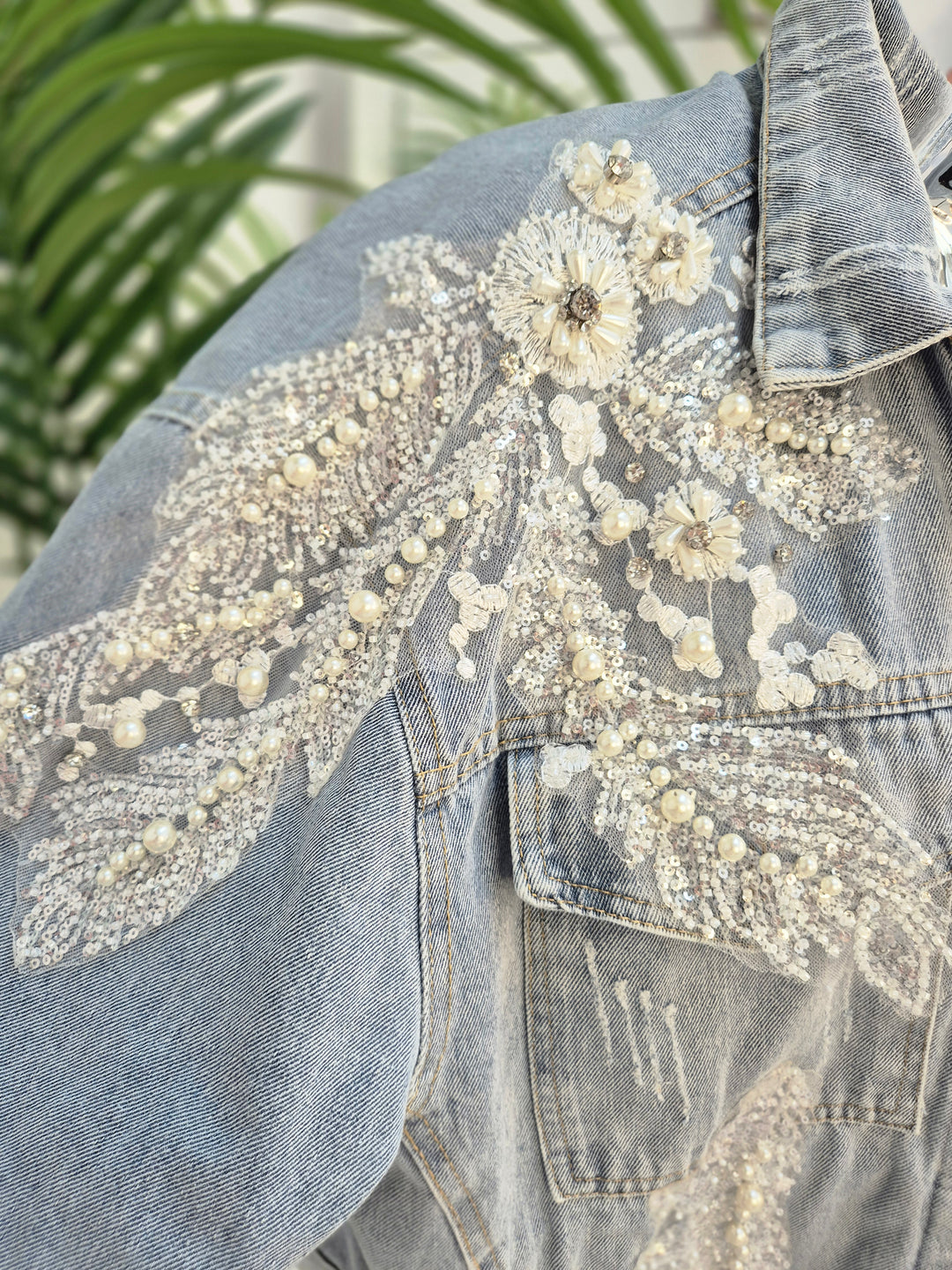 Angelica Crystal & Pearl Denim Jacket - Stonewashed (Oversized)