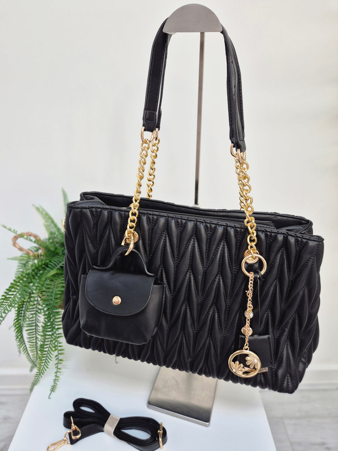 Alexis Quilted Faux Leather Bag with Charms - Black