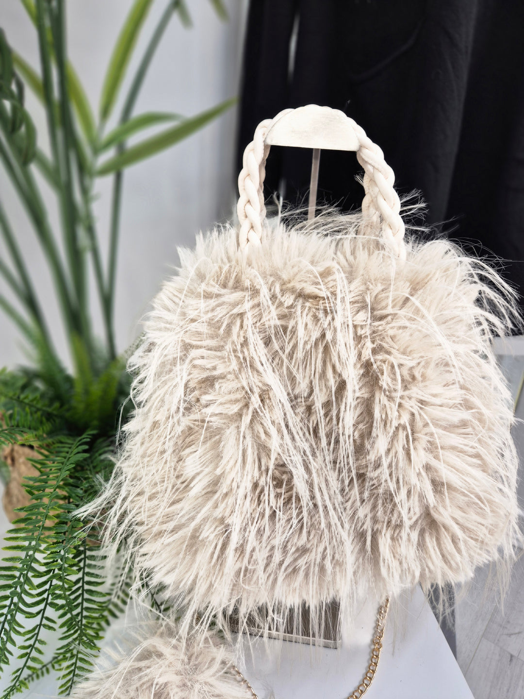 Oslo Faux Fur Shaggy Bag with Dual Handles & Chain Strap - Cream