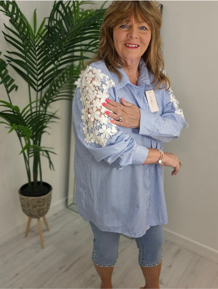 Daisy Lace Sleeve Pin Stripe Blouse - Blue/White - (Oversized)