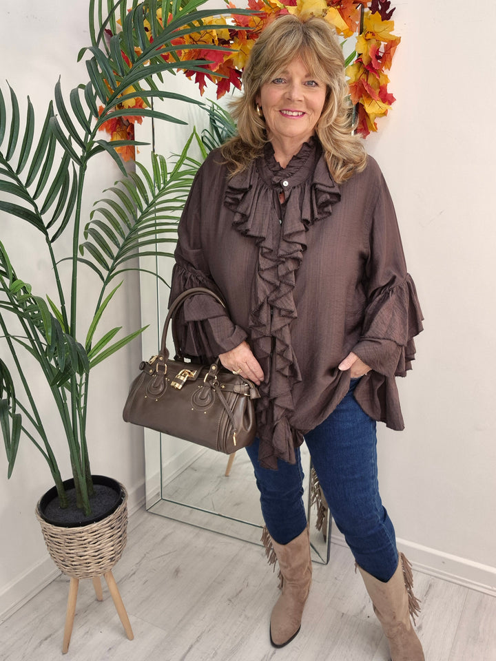 Rhea Ruffle Blouse - (One Size, fits from Size 14 up to Size 18/20) - Chocolate