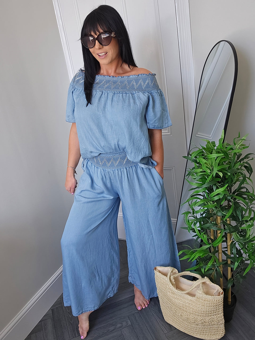 Dena Wide Leg & Bardot Top Co-ord - Chambray