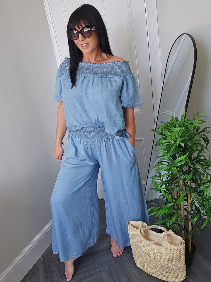Dena Wide Leg & Bardot Top Co-ord - Chambray