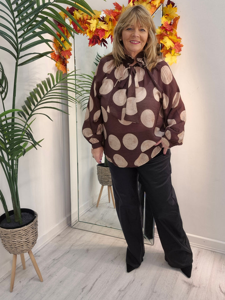 Dotty Oversized Blouse - (One Size/Curvy Size, fits from Size 14/16 to Size 20) - Chocolate
