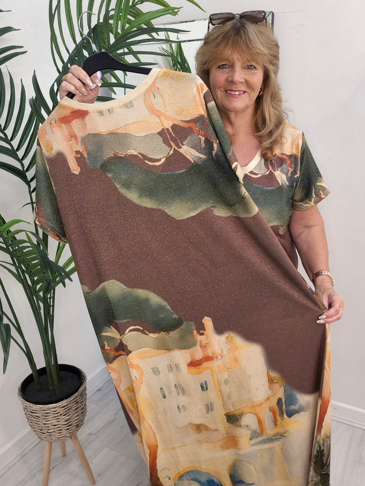 Carla Shimmer Maxi Dress - Amalfi Village - Chocolate (One Size - fits up to Size 18)