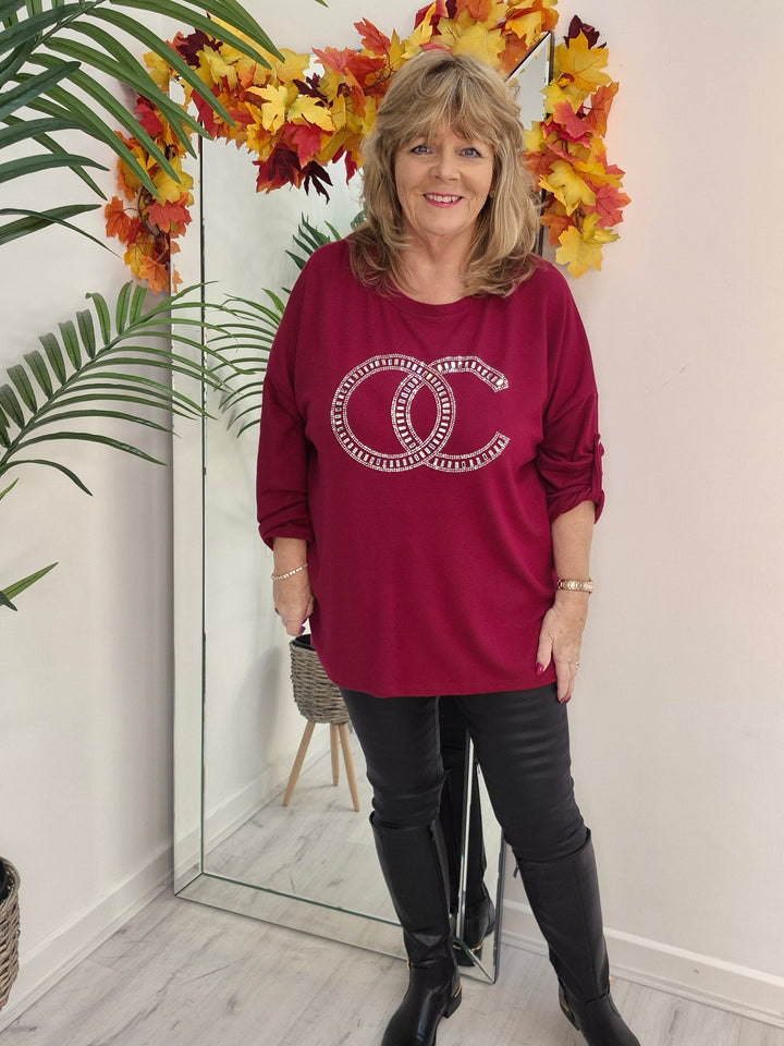 Coco Crystal & Diamante Oversized Hi Low Tops - Wine (fits from Size 14 up to Size 18/20)