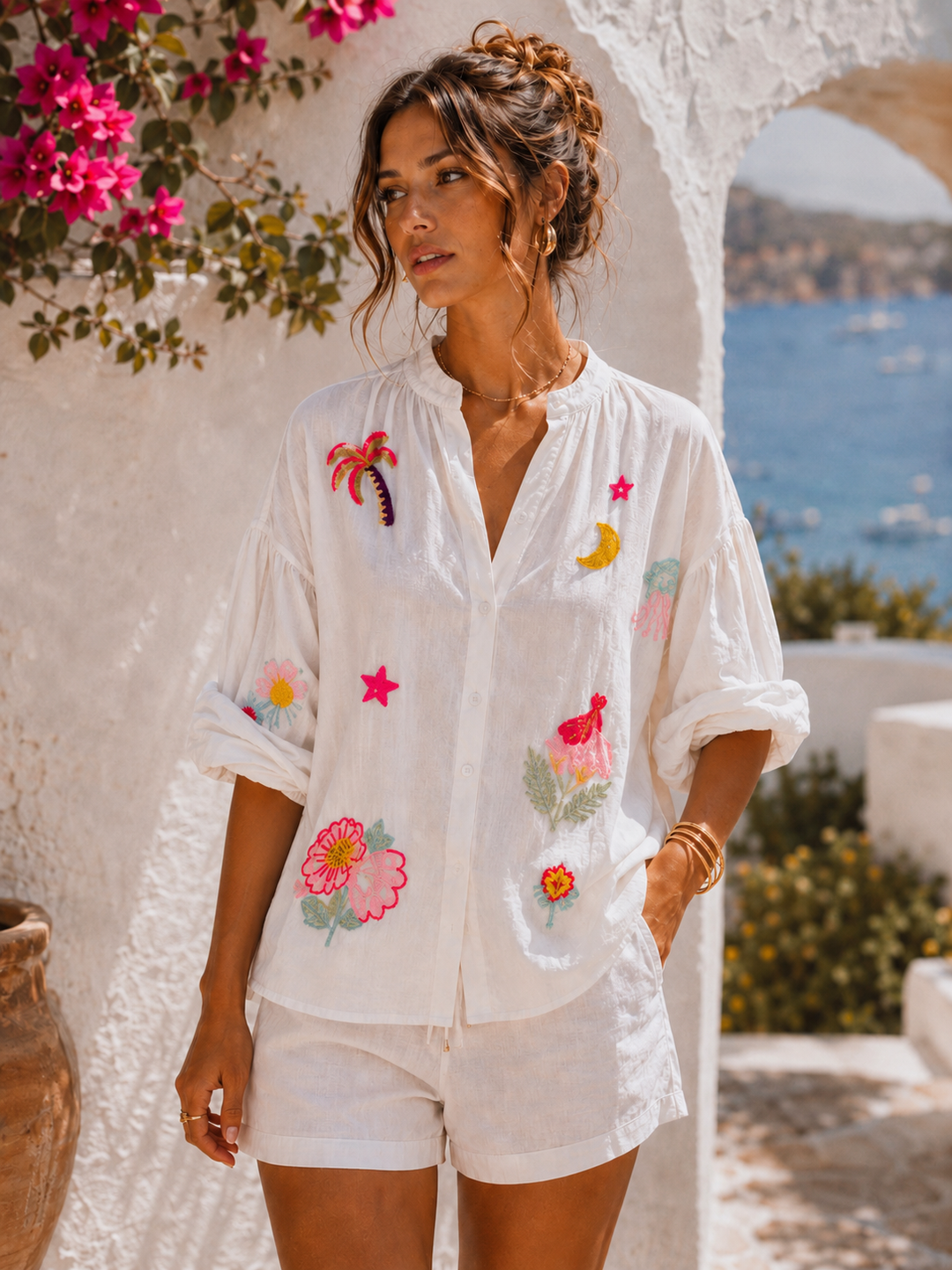 Sicily Embroidered Blouse - (One Size, fits up to Size 18) - White