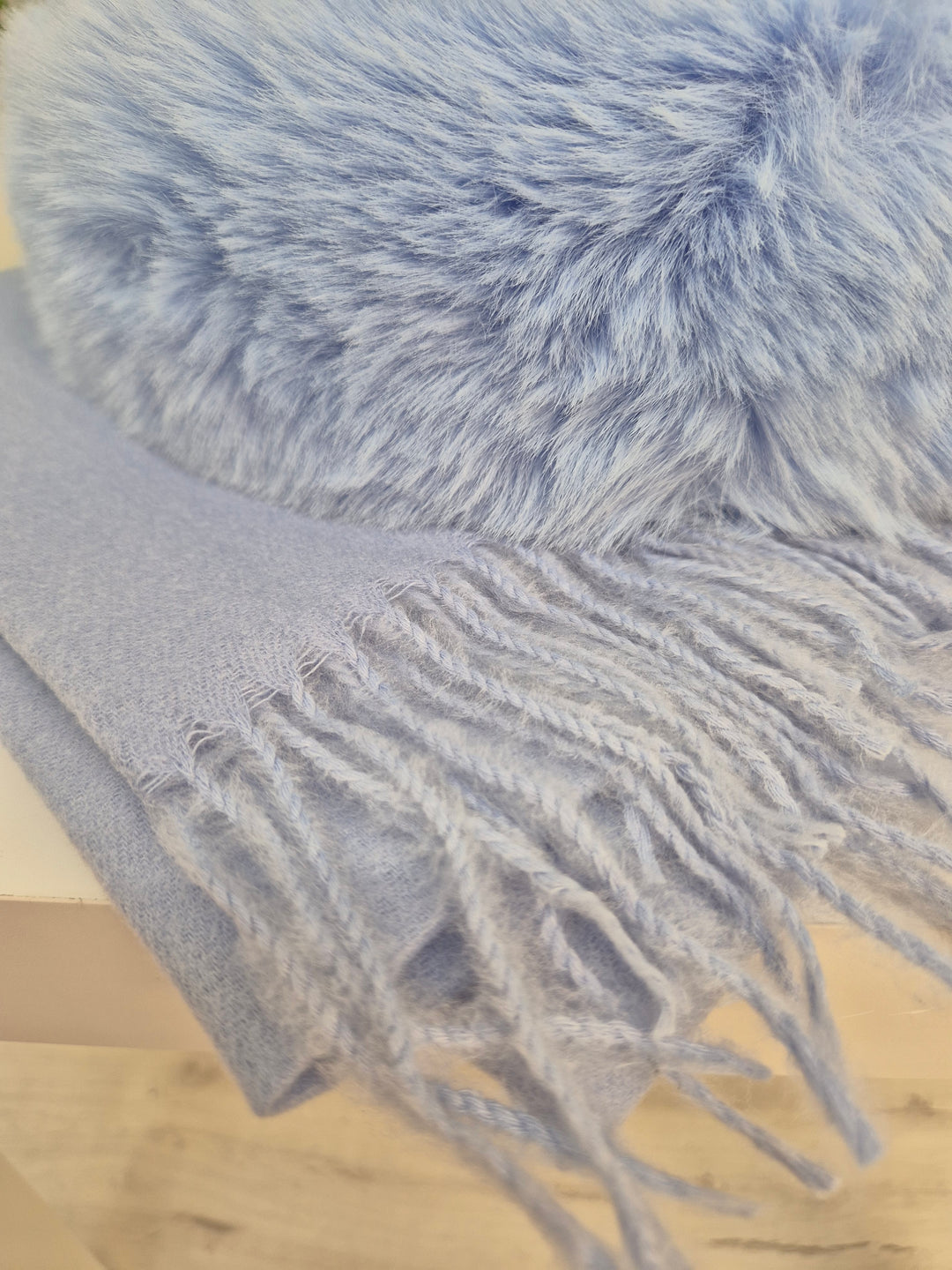 Oslo Faux Fur Pom Pom Cable Hat & Soft Feel Brushed Tassel Scarf Bundle - Powder Blue