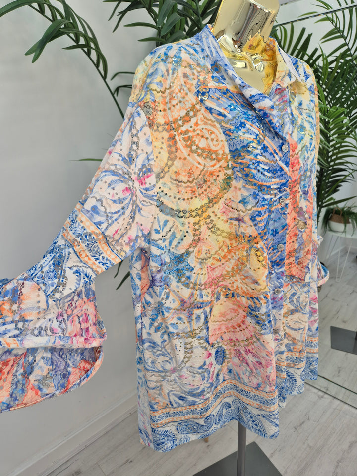 Alba Floral Double Fluted Sleeve Top - Blue Multi (Oversized, fitting from Size 14 up to Size 20)