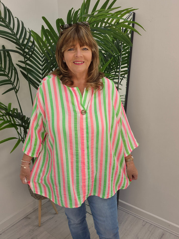 Candy Striped Hi Lo Top - Lime/Pink/White (Oversized)