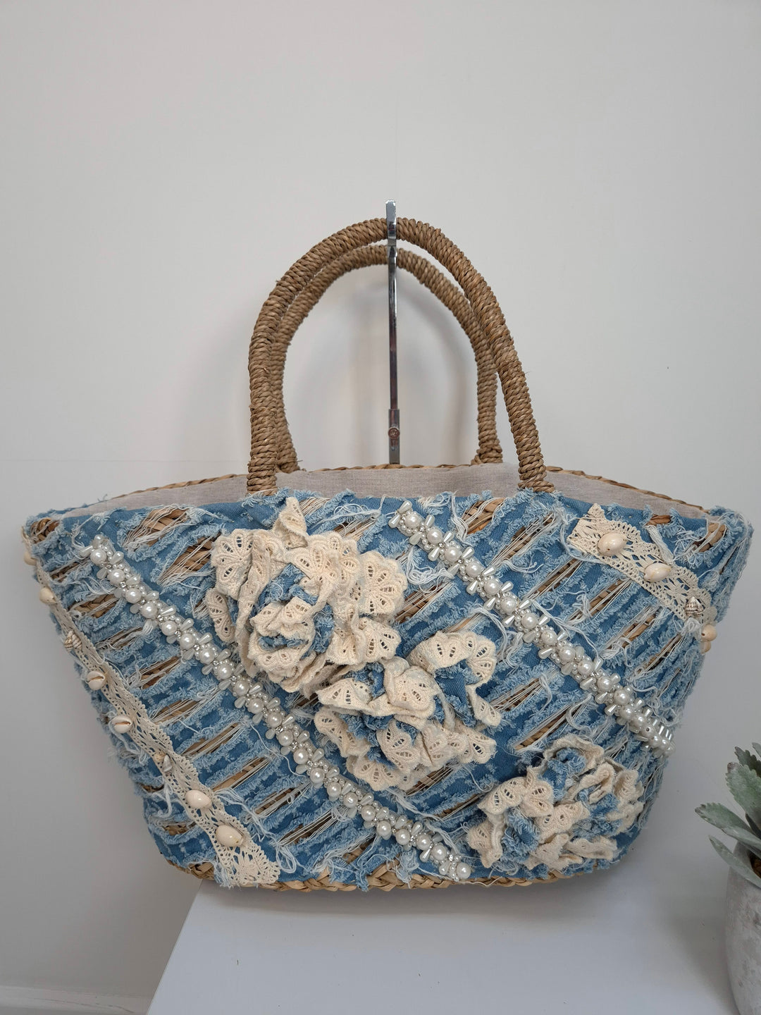 Stonewashed Denim Beach Bag with Pearls and Crystals