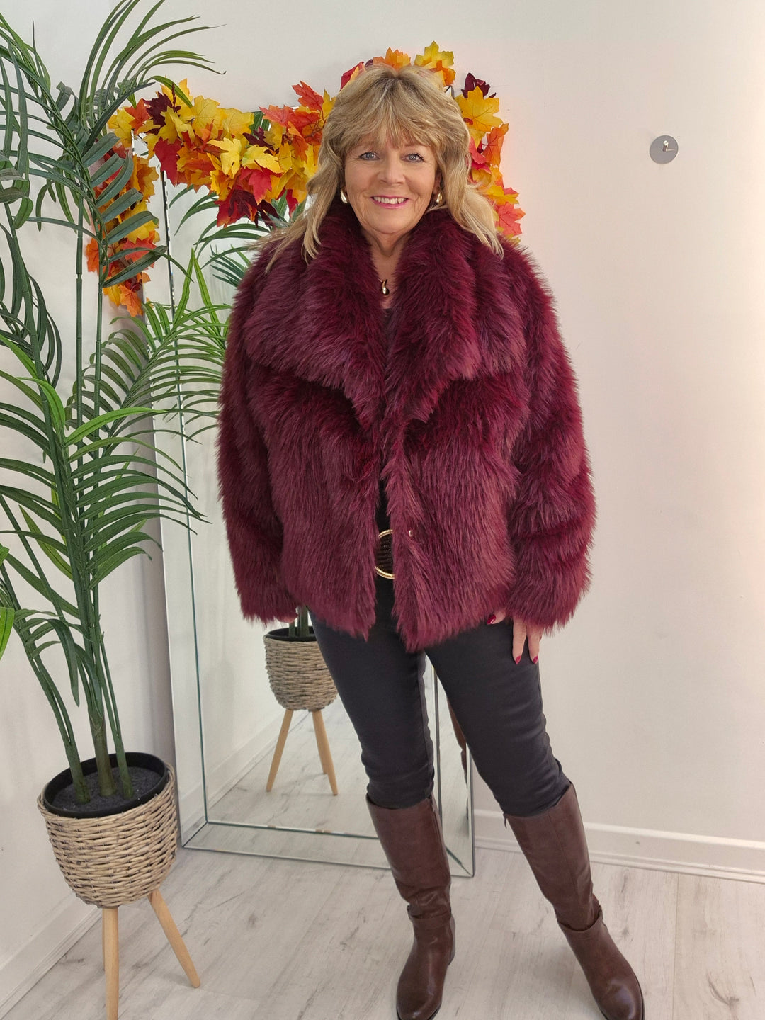 Oslo Faux Fur Shawl Collar Jacket - Wine (One Size/Curvy - fitting from Size 14 up to Size 18)