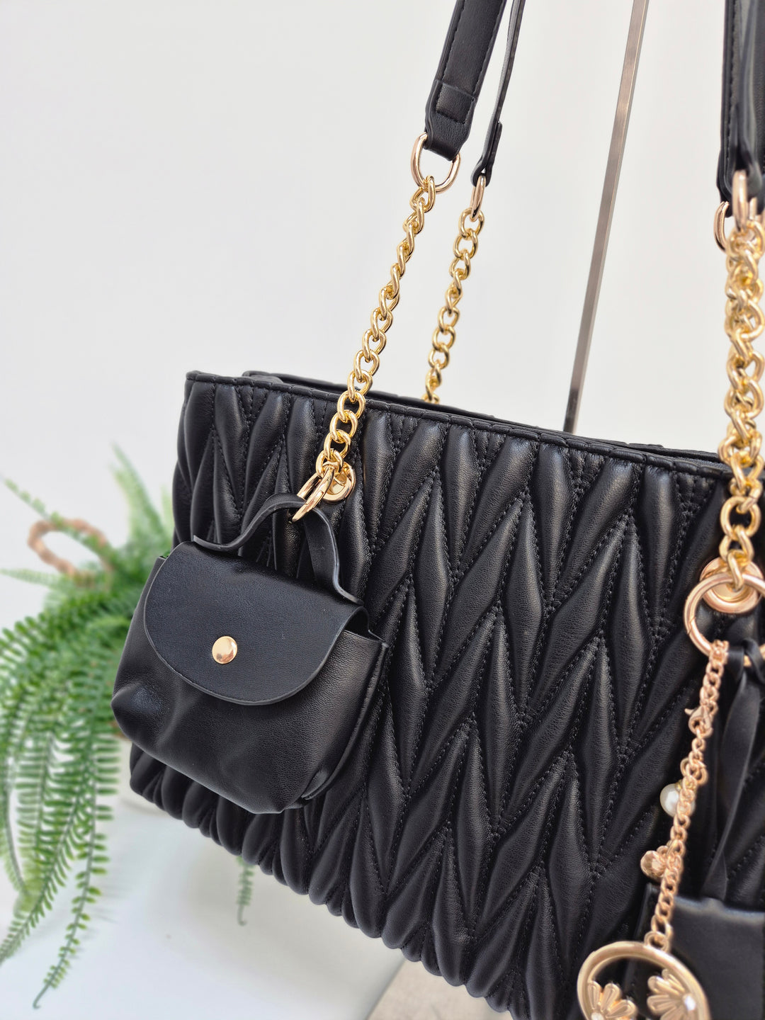 Alexis Quilted Faux Leather Bag with Charms - Black
