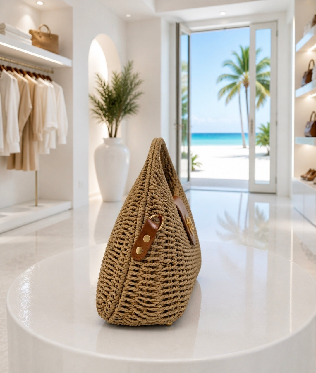 Woven Wicker Bag with Cross Body Strap - Natural (Gold Tone)