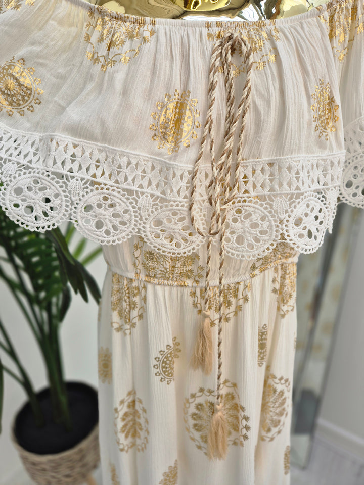 Ibiza Florals Bardot Dress - White/Gold (One Size, fits up to Size 16)