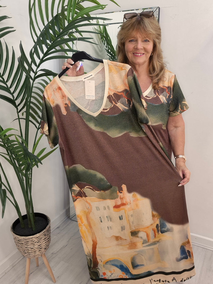 Carla Shimmer Maxi Dress - Amalfi Village - Chocolate (One Size - fits up to Size 18)