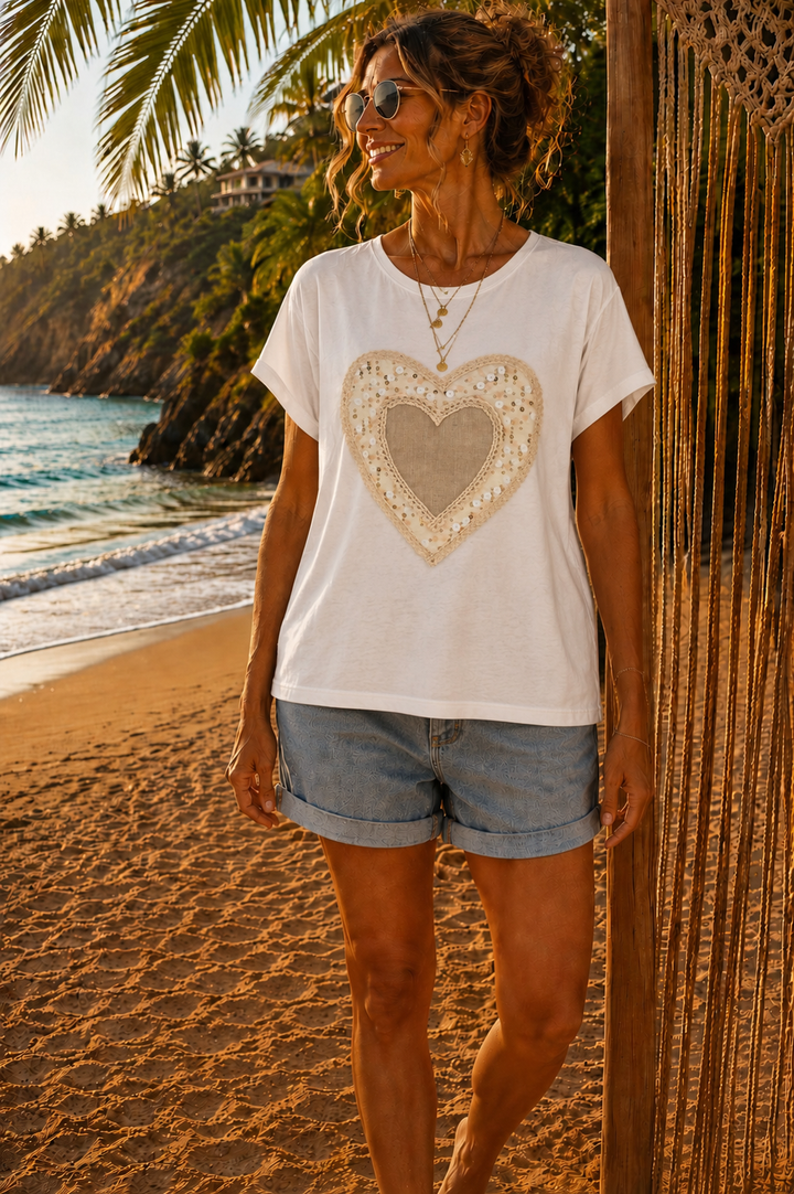 Valencia Hearts Tee with Sequins - One Size (fits from Size 10 up to Size 16) - White/Cream/Gold