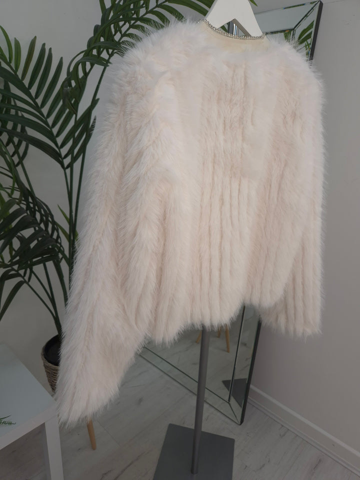 Oslo Crystal Faux Fur Jacket - Winter White - (One Size fits from Size 10 to Size 16)