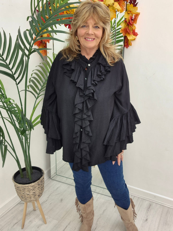 Rhea Ruffle Blouse - (One Size, fits from Size 14 up to Size 18/20) - Black