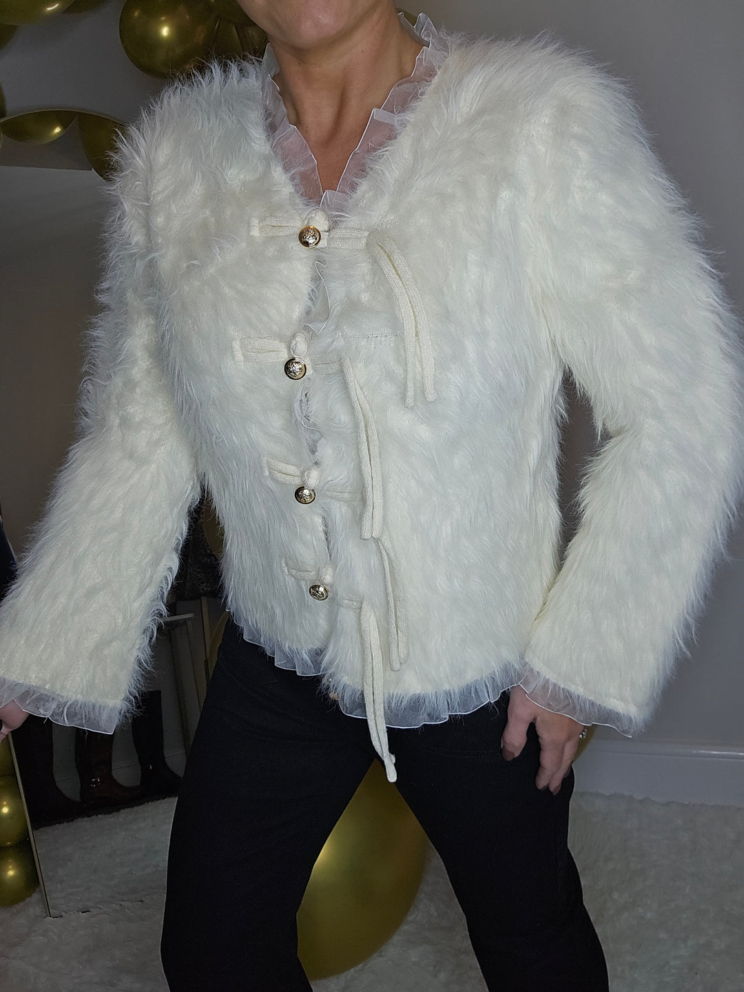 Oslo Fluffy Baroque Buttoned Cardigan - Cream (One Size, fitting from Size 10 up to Size 16)