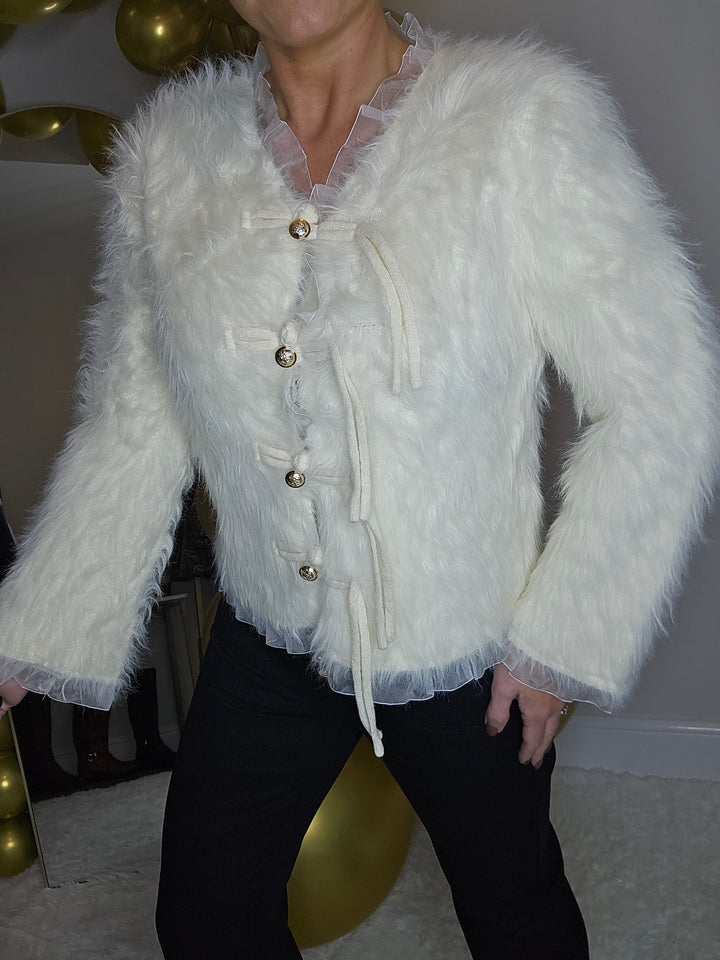 Oslo Fluffy Baroque Buttoned Cardigan - Cream (One Size, fitting from Size 10 up to Size 16)