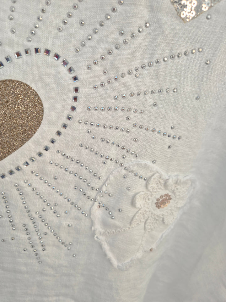 Amalfi Linen Hearts & Sequins Top - White (Oversized, fits from Size 14 to Size 18)