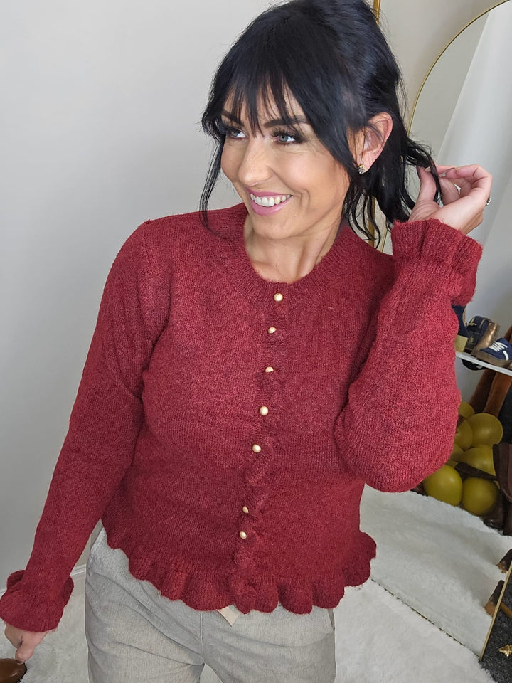 Anna Frilled Cardigan (One Size from Size 8 up to Size 14) - Wine