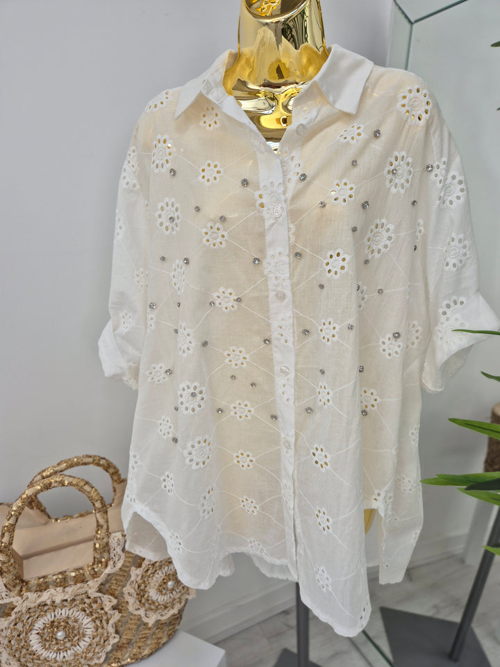Zeta Otto Broderie Anglaise Blouse with Crystals - White (Oversized)