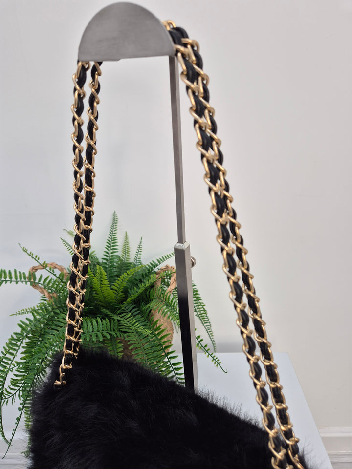 Oslo Faux Fur Bag with Gold Chain Link Dual Handles - Black