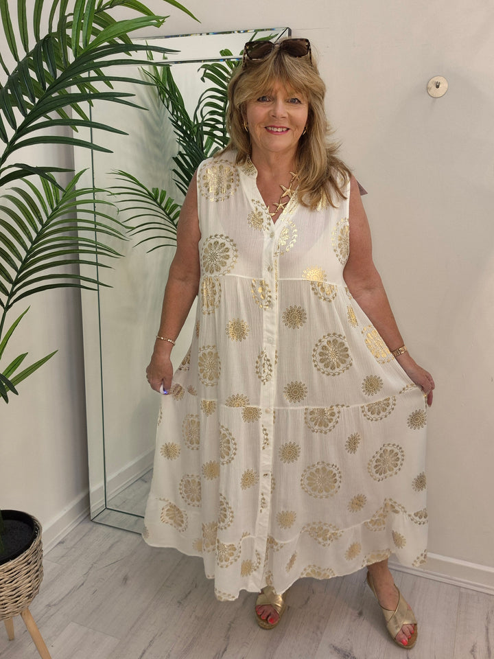 Ibiza Floral Midi Sleeveless Dress - White/Gold - (Loose Fit)