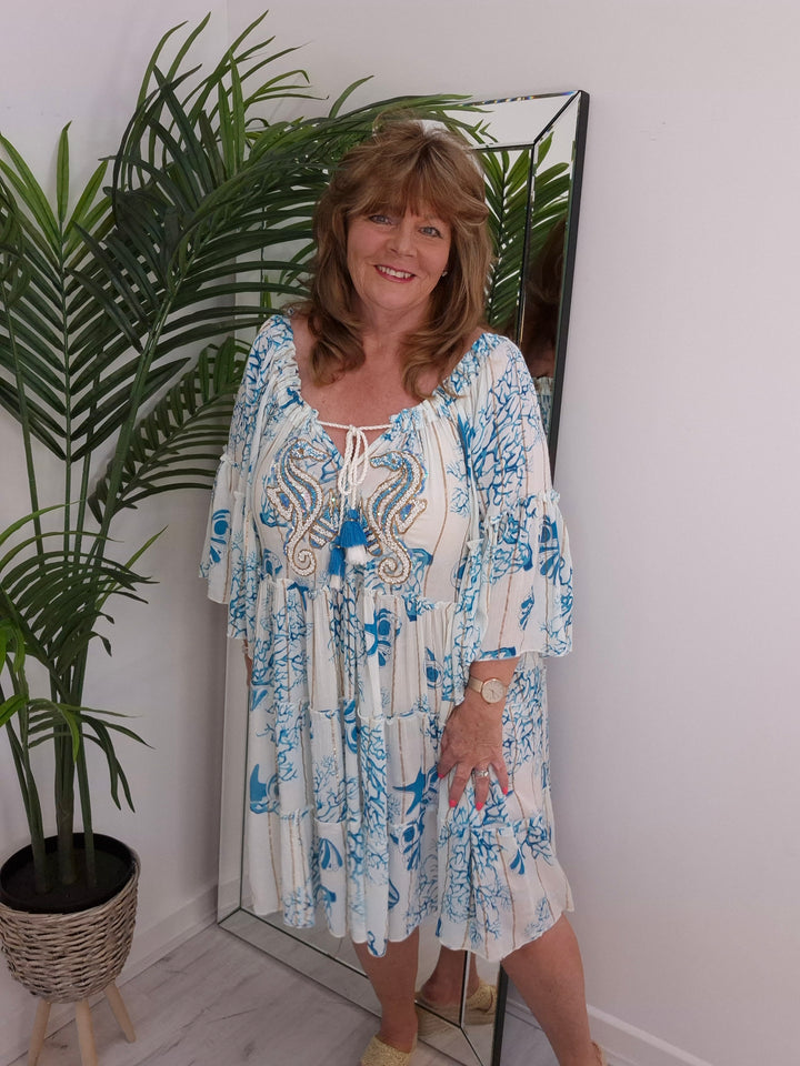 Seahorses Beaded Bardot Dress - Aqua (Oversized)