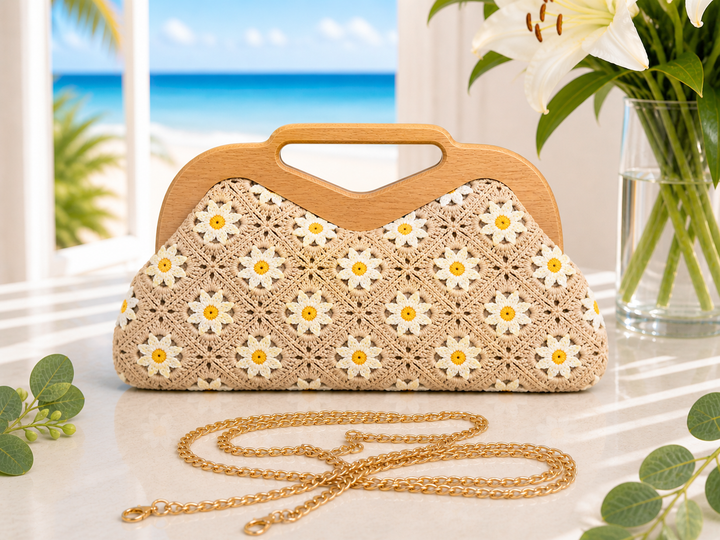 Daisy Crochet Bag (Clutch or Crossbody) with Gold Chain - Natural