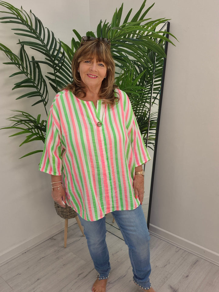 Candy Striped Hi Lo Top - Lime/Pink/White (Oversized)