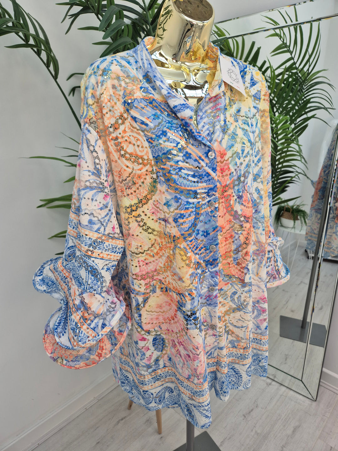 Alba Floral Double Fluted Sleeve Top - Blue Multi (Oversized, fitting from Size 14 up to Size 20)