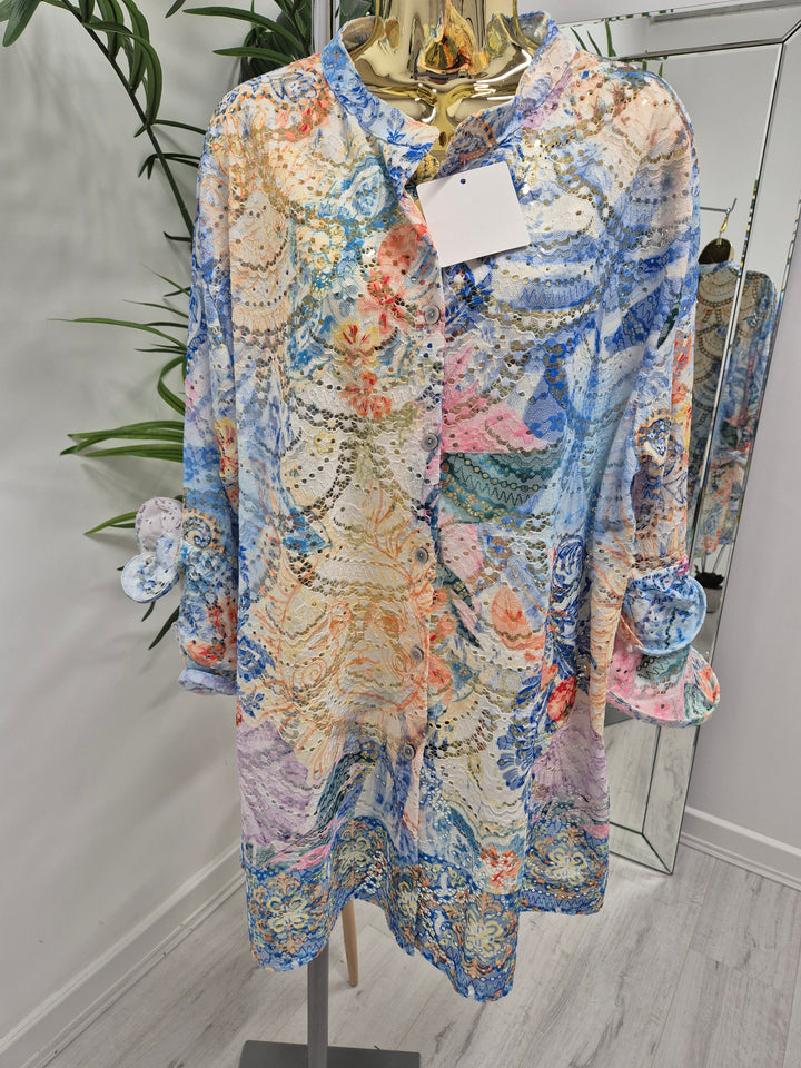 Alba Floral Double Fluted Sleeve Top - Blue/Pink (Oversized, fitting from Size 14 up to Size 20)