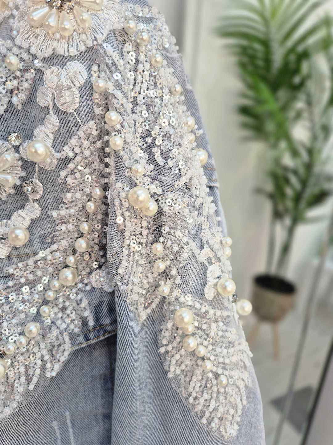 Angelica Crystal & Pearl Denim Jacket - Stonewashed (Oversized)