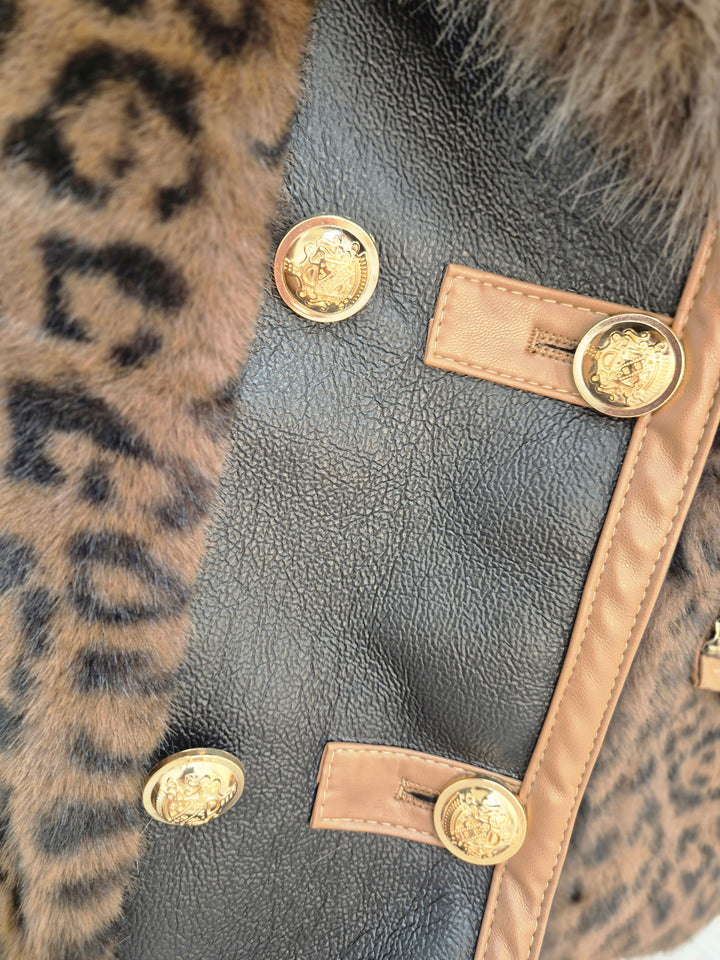 Oslo Faux Fur/Faux Leather Jacket - Chocolate Leopard - (Oversized fits Size 12/14 to Size 18/20/20)