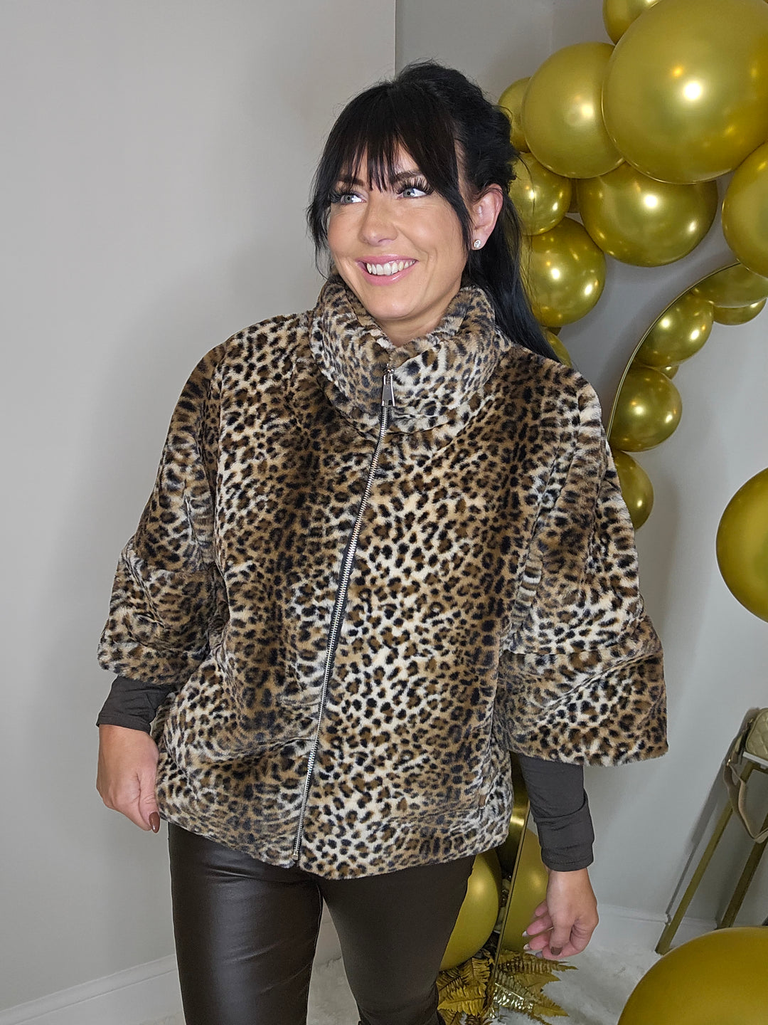 Oslo Faux Fur Jacket with Funnel Collar & Zip Fronted (One Size - fits from 10 up to Size 16) - Leopard