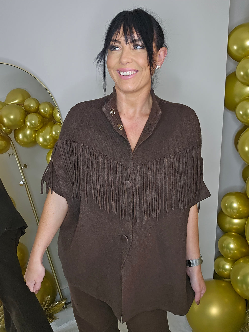 Broadway Fringed Cosy Knit Jacket - Chocolate - (Oversized - fits Size 14 to Size 18/20